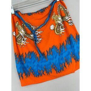 Vintage Women's Y2K Dragon Flame Print Orange Blue Wrap Mini Skirt